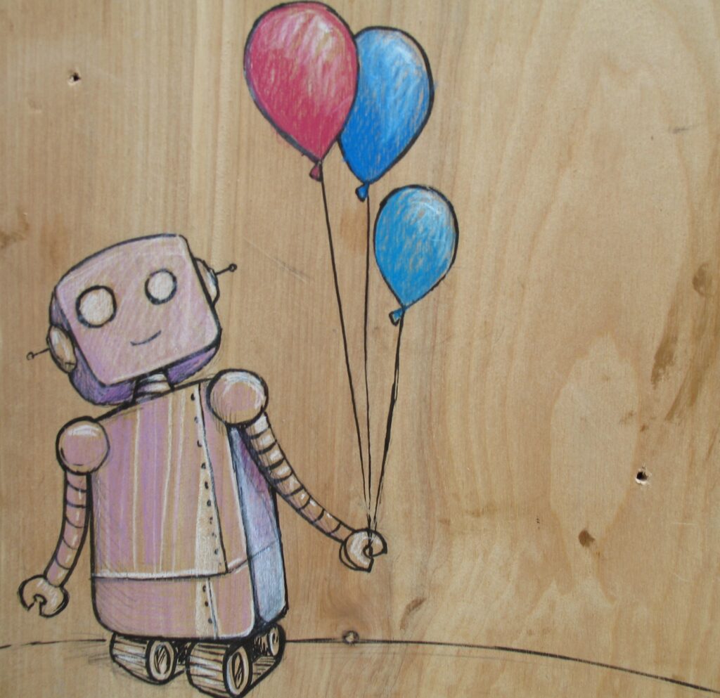 a woodgrain background has a market illustration of a slightly smiling lilac robot with 3 helium balloons. One is red, and the other 2 are blue.